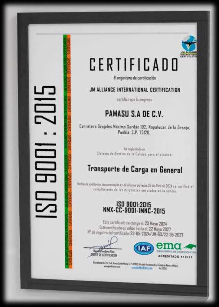 Certificado ISO 9001:2015 PAMASU